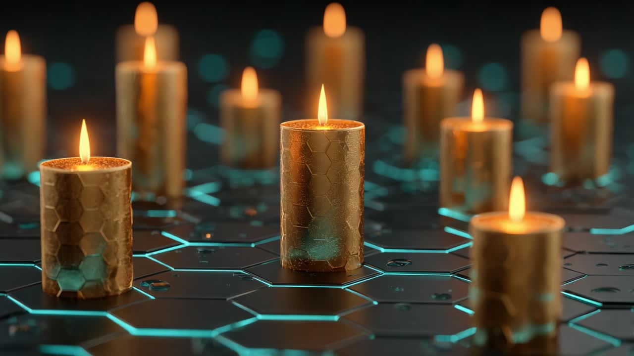 Una composizione ipnotica di candele dorate incandescenti su una superficie esagonale futuristica, che irradia calore e serenità in un ambiente oscurato