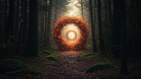 Magical Forest Pathway with Enchanted Circular Portals Surrounded by Vibrant Autumn Leaves in Mysterious Foggy Atmosphere