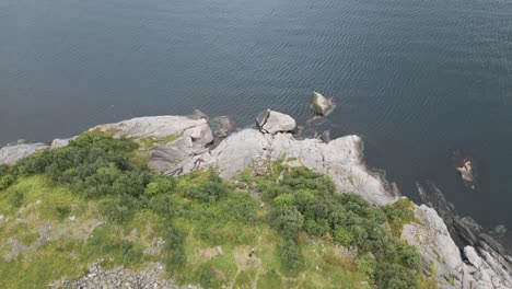 Flying-over-norwegian-landscape-with-street,-grass-and-the-sea