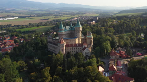 rotating drone shot of bojnice castle, castle of spirits, in slovakia