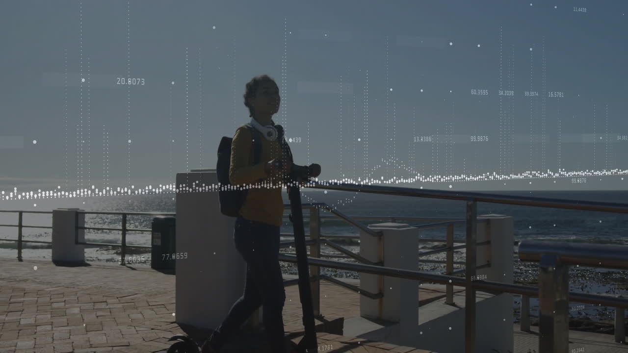 woman gripping scooter while displaying augmented reality technology graphs across seaside walkway