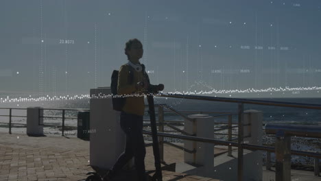 woman gripping scooter while displaying augmented reality technology graphs across seaside walkway