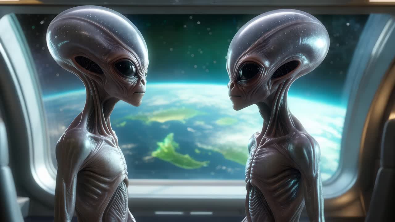 Two Grey Aliens Facing Each Other in a Spaceship Window
