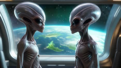 dos alienígenas grises mirándose el uno al otro en una ventana de una nave espacial.