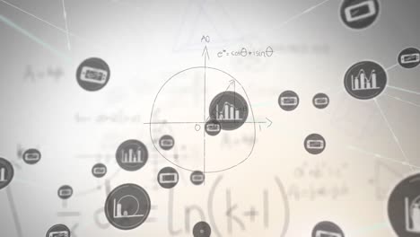 animation of digital icons over mathematical equations on grey background