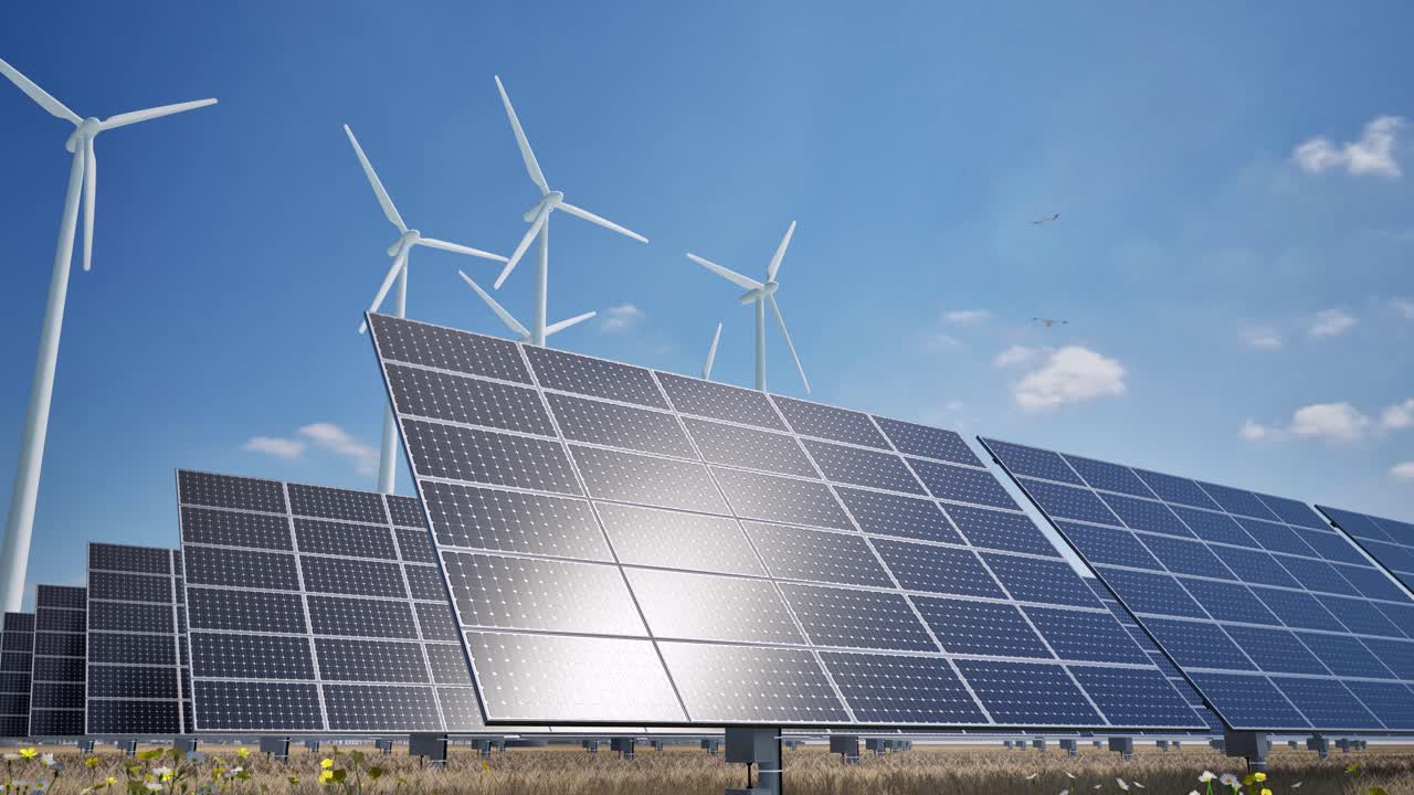 Agricoltura a energia rinnovabile con pannelli solari e turbine eoliche