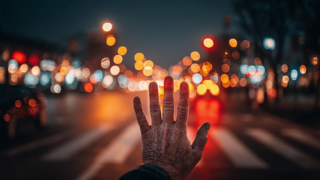 A Hand Reaching Out Amidst City Lights: An Emotive Gesture in Urban Nightlife Captured in Two Frames of a Video