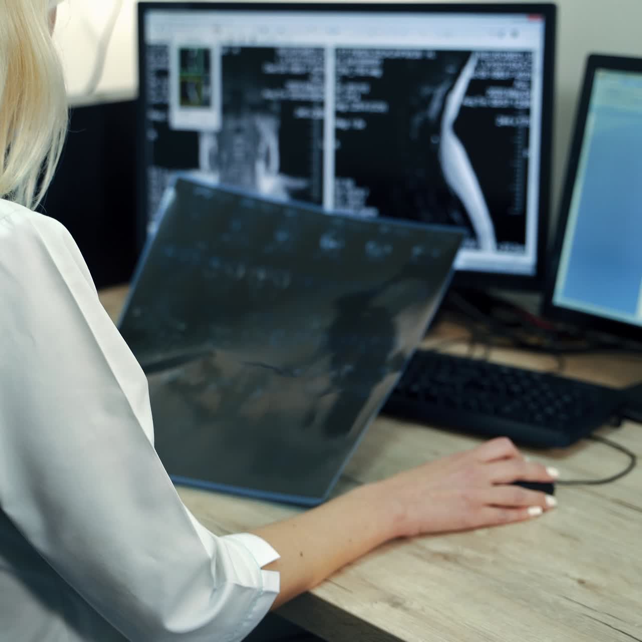 Blonde woman sitting her back to the camera looking at MRI shot in her hand. Medic establishing diagnosis working with computer equipment