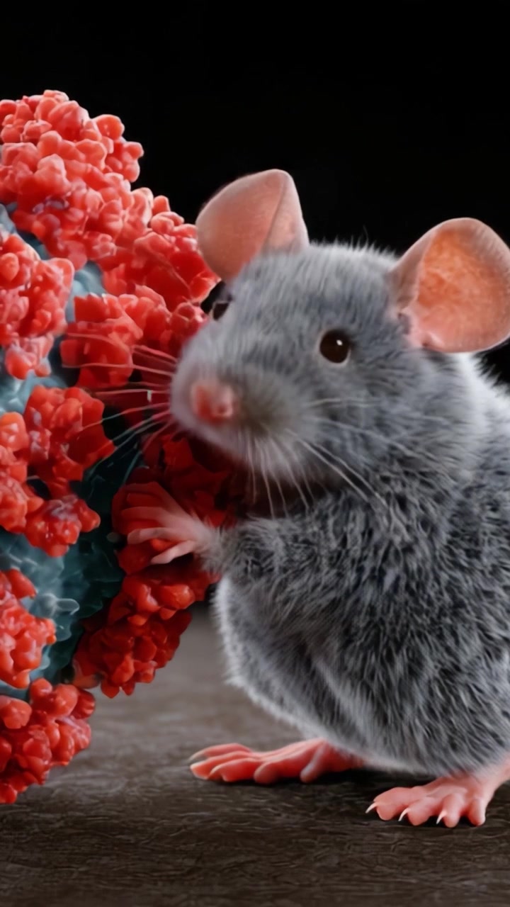 Primo piano di un topo grigio con una struttura virale rossa vibrante in un ambiente da studio, che evidenzia le complessità delle interazioni biologiche.