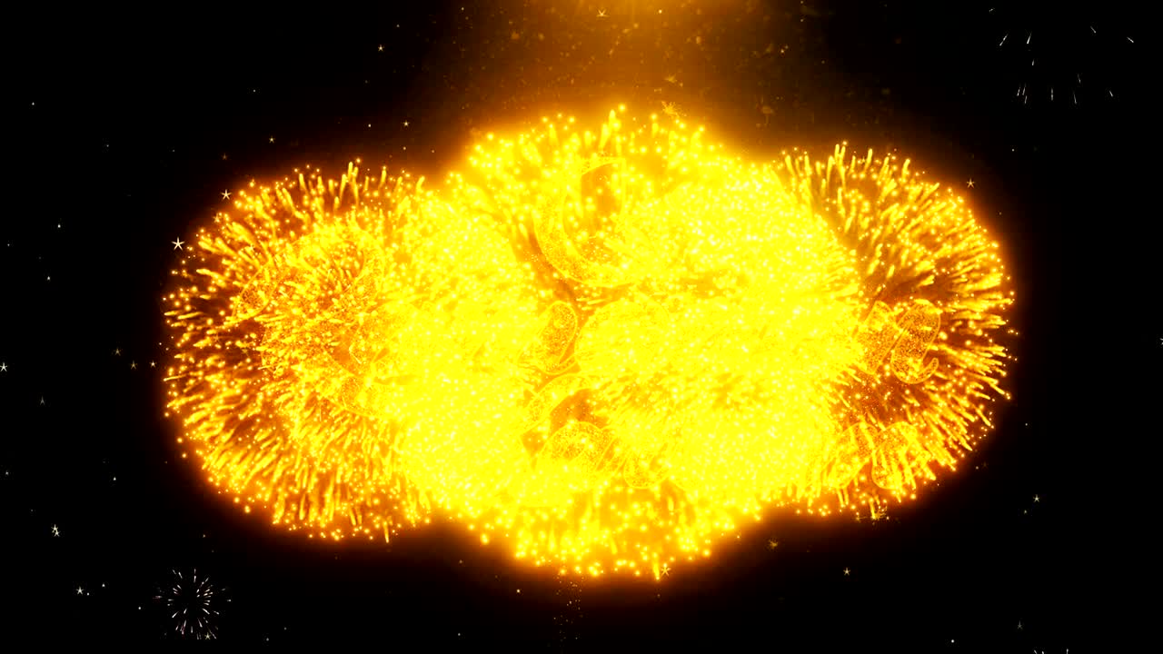 el texto de ramadán kareem desea una exhibición de fuegos artificiales de partículas de explosión.