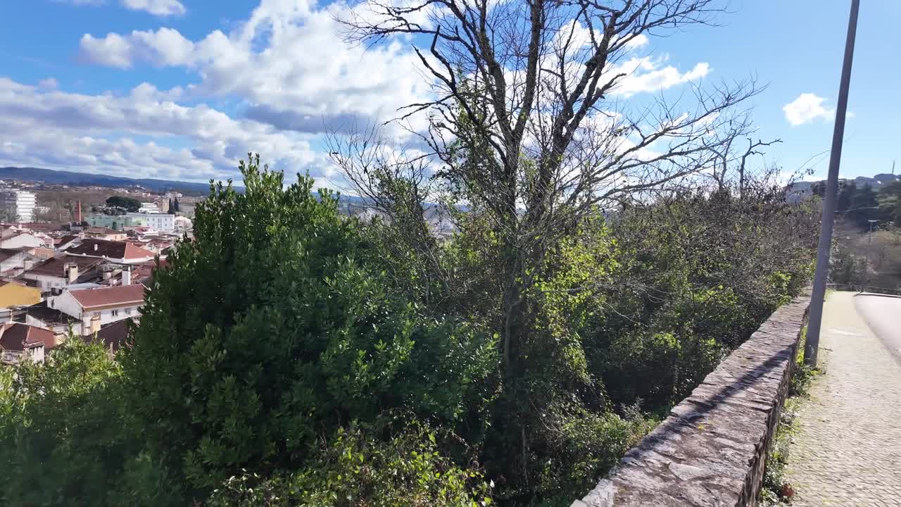 Veduta panoramica di Tomar, Portogallo, con alberi rigogliosi e cielo luminoso