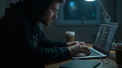 a focused developer working late at night, immersed in code on a laptop with coffee cups nearby, in a dimly lit room reflecting deep concentration and creativity