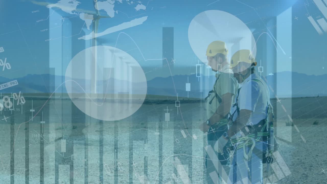 animación del procesamiento financiero de datos sobre el molino de viento y los trabajadores