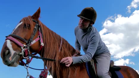 man in helmet sitting on horse in front of the sky