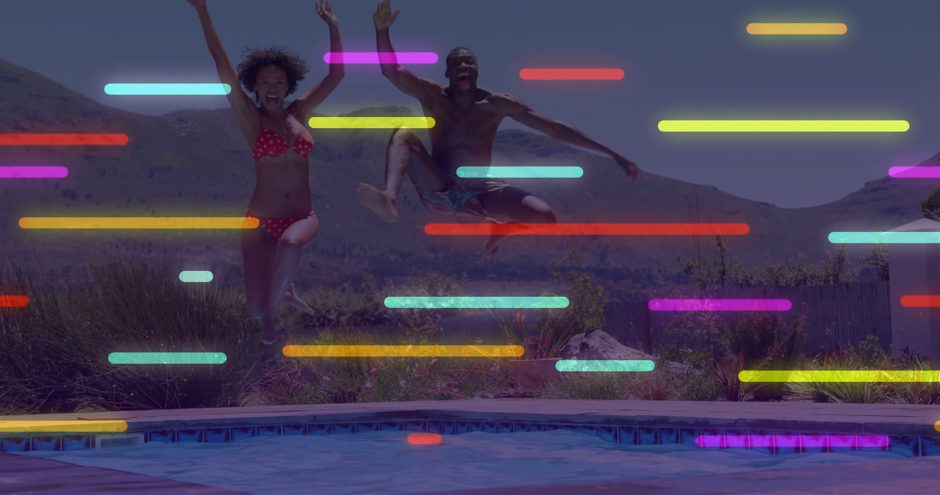 Couple running jumping into backyard pool for fun after holding hands, neon bars sweeping front