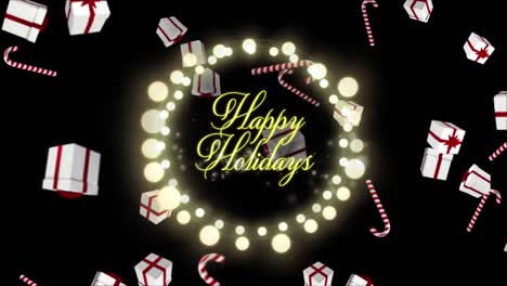 Animation-of-season's-greetings-text-in-fairy-lights-frame-with-presents-on-red-background