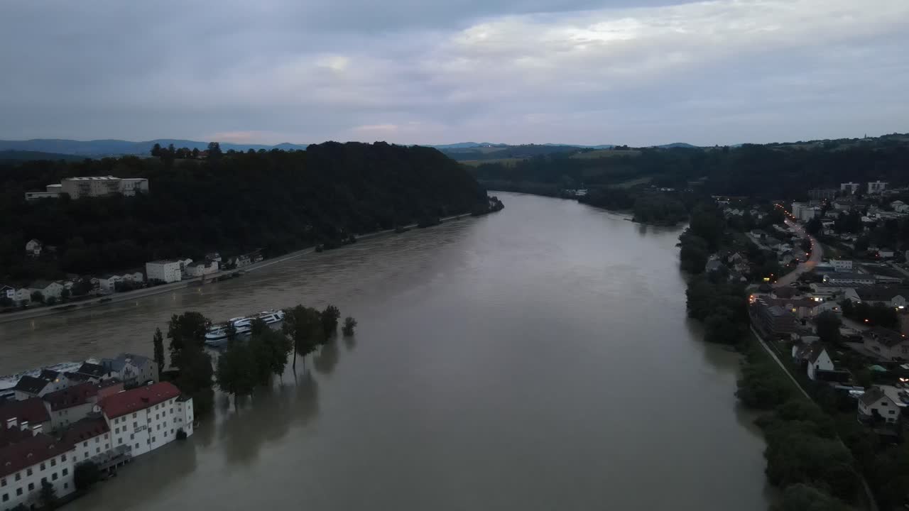 Heavy rain high tide Flooded river Donau Inn South Germany Passau