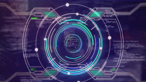 animation of scope scanning over neon round scanner and data processing on blue background