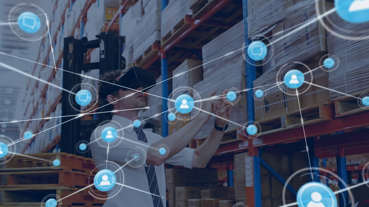 animación de la red de conexiones con iconos sobre trabajador caucásico con auriculares vr en el almacén