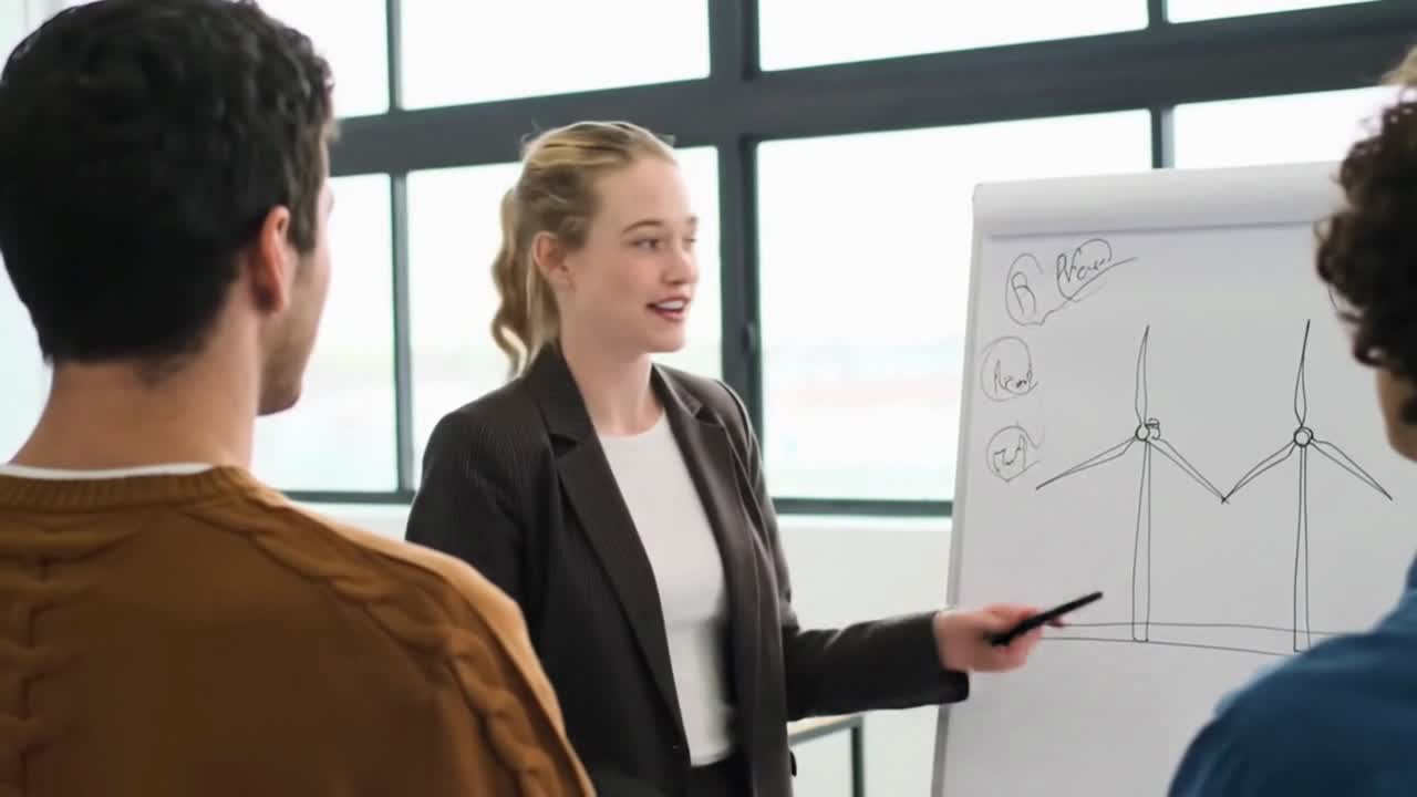 Young Businesswoman Giving a Presentation About Wind Energy on a Flip Chart
