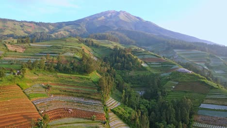 mount sumbing surrounded with rural landscape in indonesia, aerial view