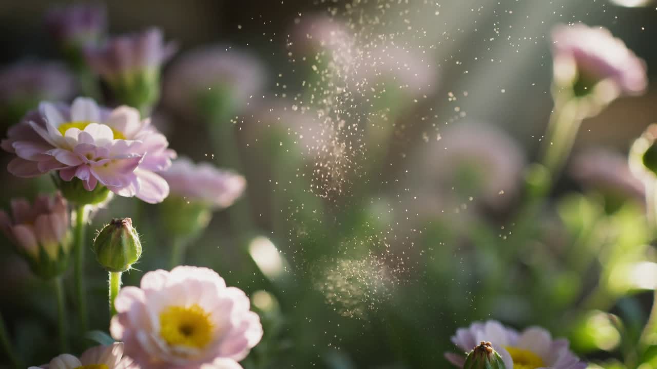 Sunbeam brightening, pollen drifting and spreading in garden near pale pink flowers and buds