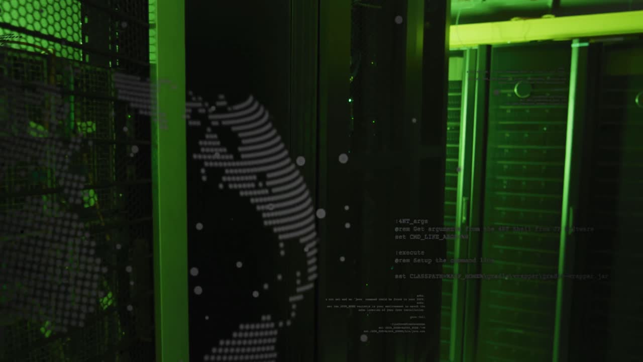 Animation of globe and data processing over computer servers