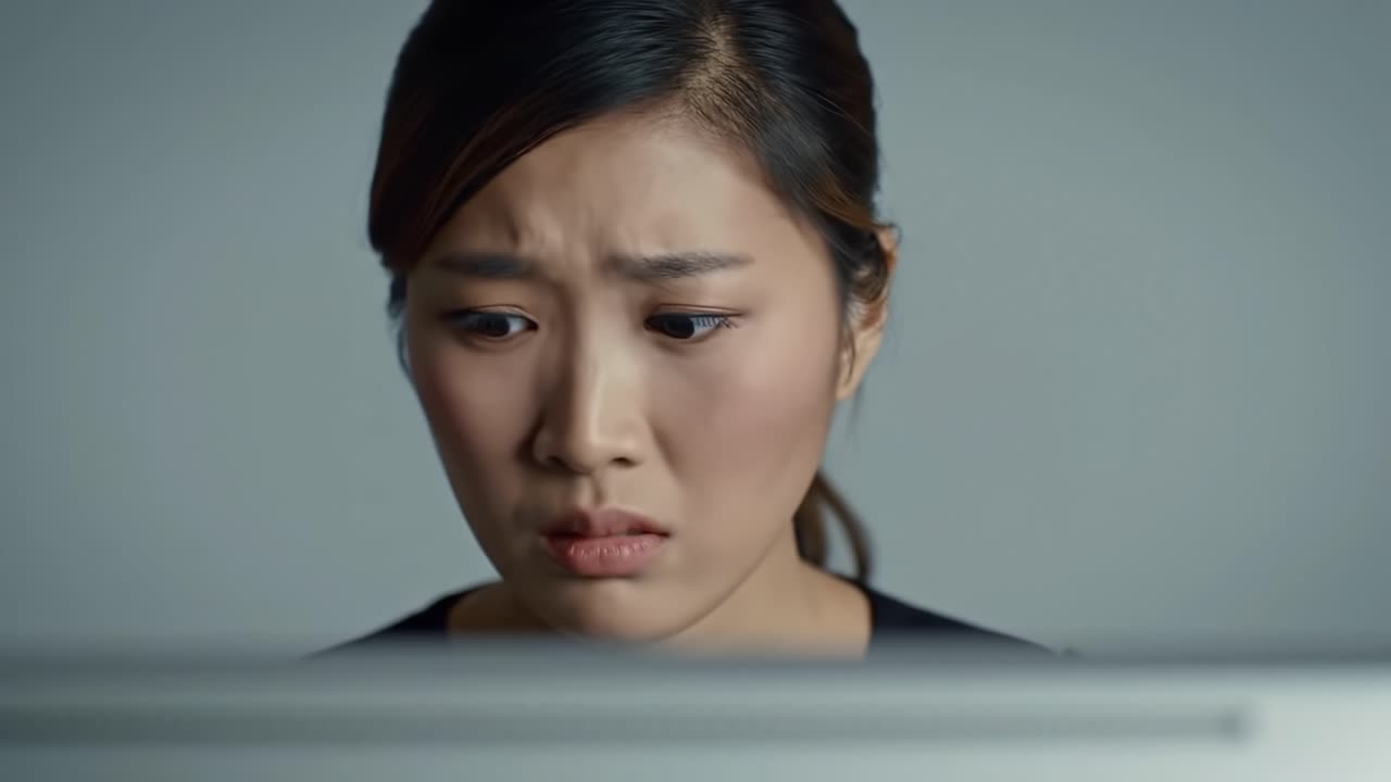 A woman displays a shocked expression as she sits at her desk, looking intently at her computer screen. Her brows are furrowed and mouth slightly open, indicating surprise or concern.