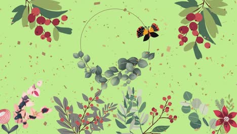 animation of flowers, berries, foliage and butterfly, over falling confetti, on green