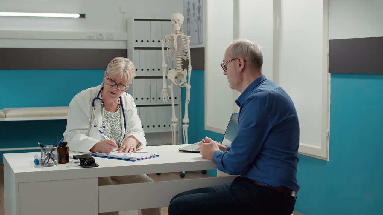 Physician writing prescription medicine on checkup report