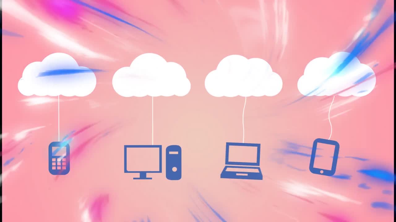 Animation of shapes moving over clouds with icons