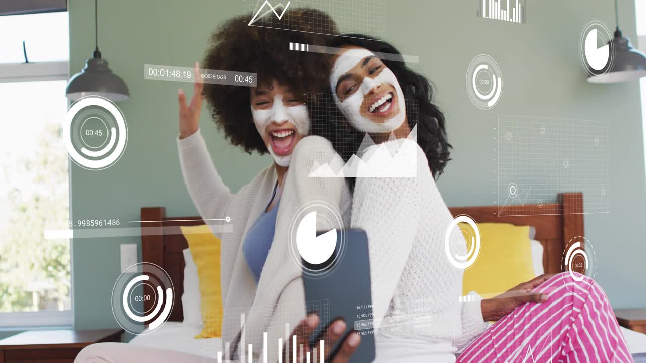 Mother and daughter wearing facial masks capturing smartphone selfie, activating floating AR charts