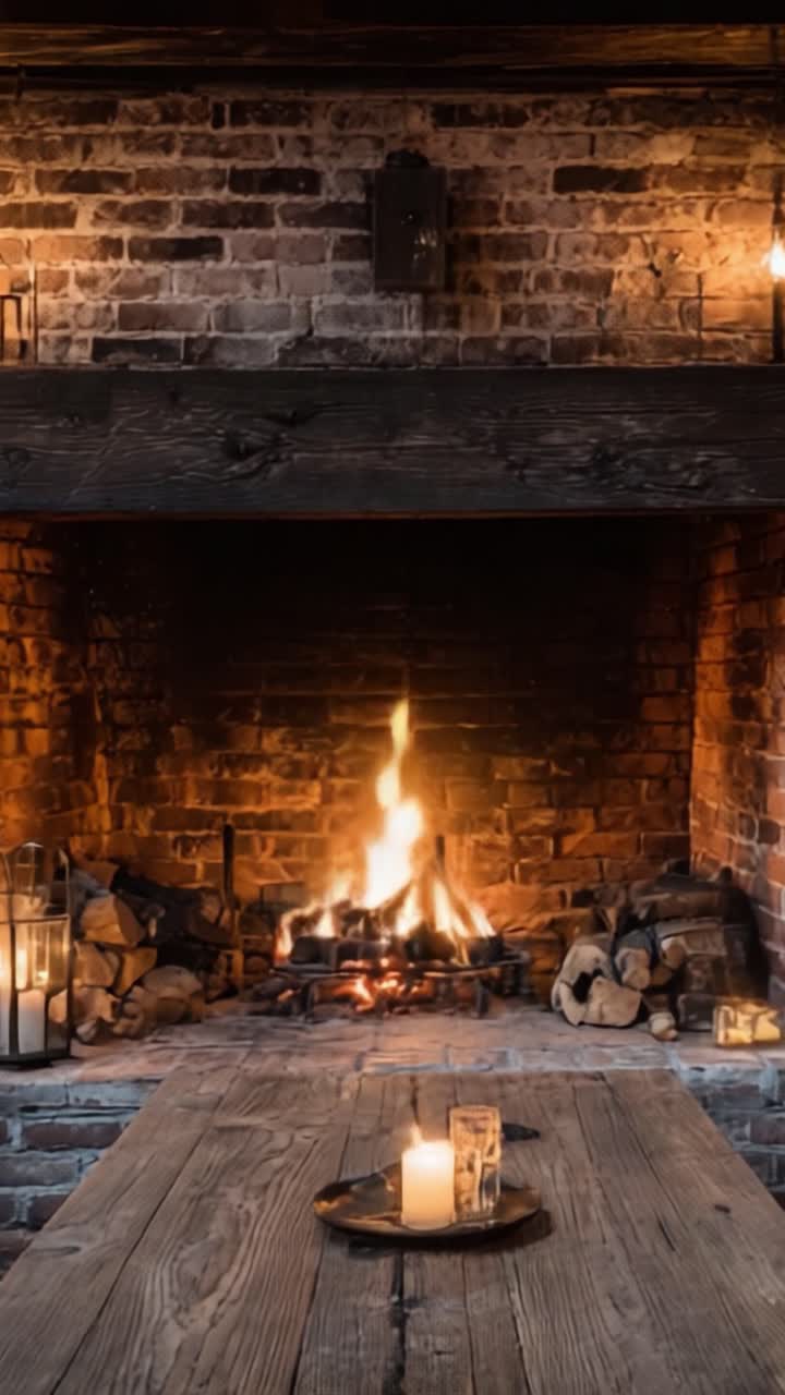 Una scena accogliente con camino, con fiamme ardenti e un tavolo di legno, perfetta per incontri calorosi e relax in un contesto di rifugio rustico