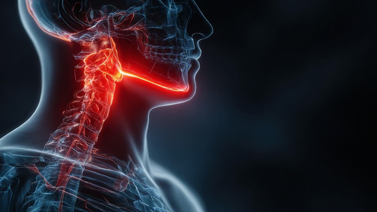 Visualizzazione Anatomica del Collo Umano: Immagini Dettagliate che Mostrano la Colonna Vertebrale Cervicale, la Trachea e le Strutture Associate con Colori Luminosi a Scopo Educativo.