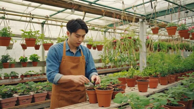Gardener tending to plants in a greenhouse