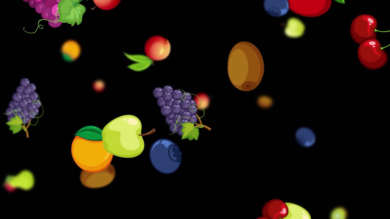 Colorful fruits falling against a dark backdrop