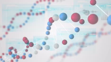 animation of rotating 3d model dna strands, with data processing on white and blue interface