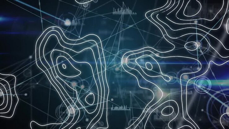Animation of white lines moving, data processing and network of connections