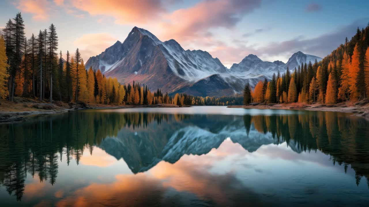 Stunning landscape video concept with a wide-angle view of a serene lake reflecting snow-capped