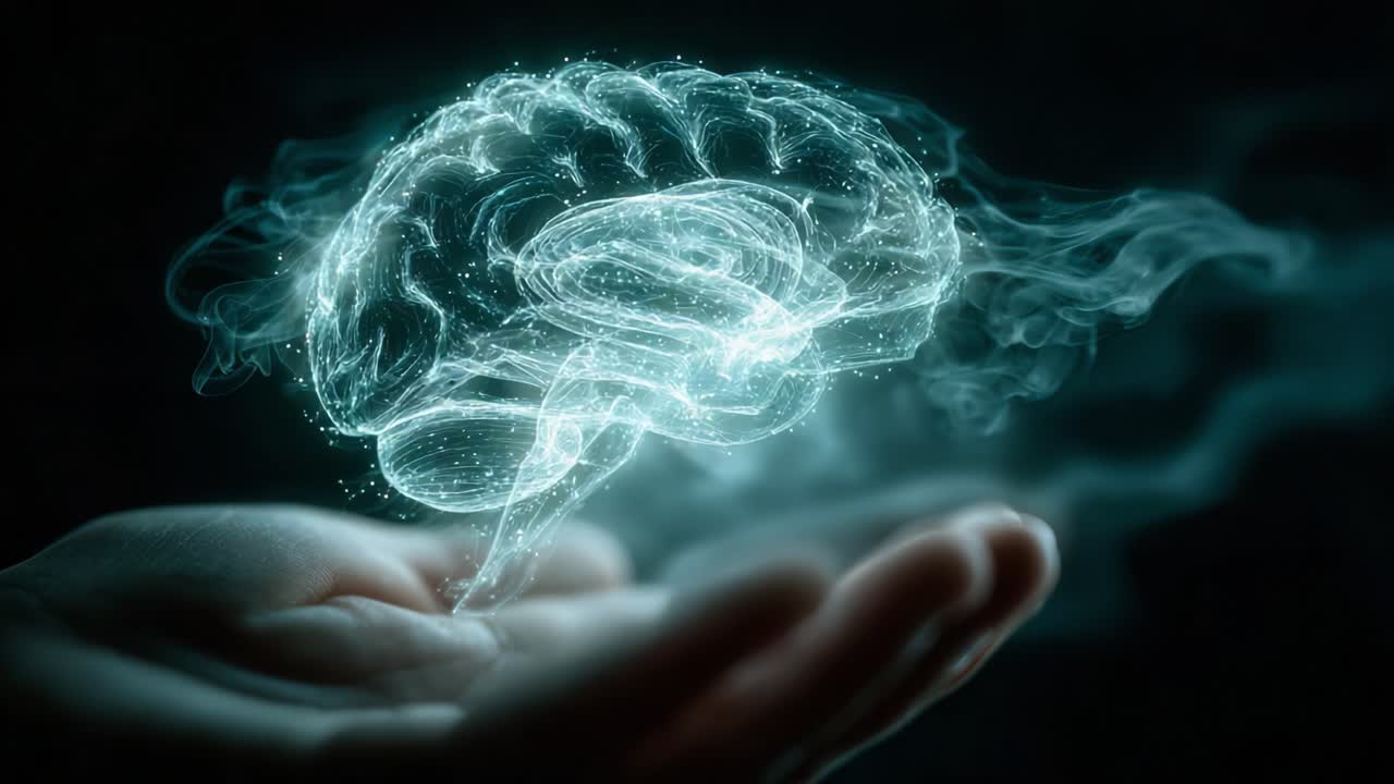 The Concept of Creativity: An Ethereal Human Brain Displayed in an Outstretched Hand, Symbolizing Inspiration, Intelligence, and the Power of Thought in a Surreal Visual Representation