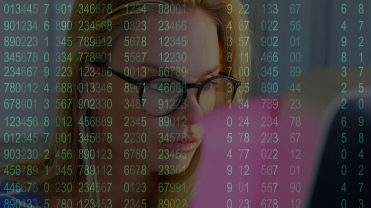 Animation of data processing over caucasian woman writing