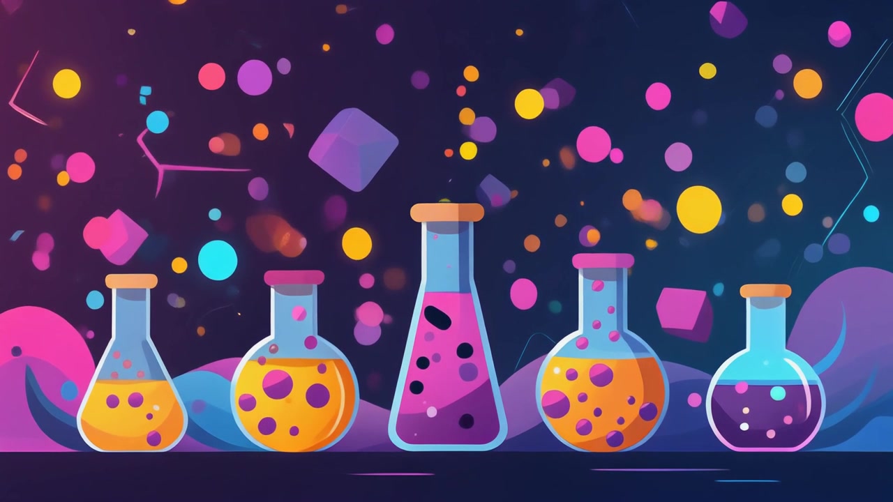 Frascos de Laboratório Animados com Bolhas Coloridas e Elementos Científicos Abstratos