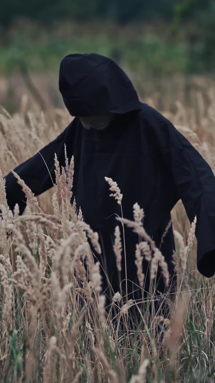 Scary evil figure in nature. Back view on scary ghost in black robe turning with outstretched arms on wheat field. Halloween concept. Vertical video