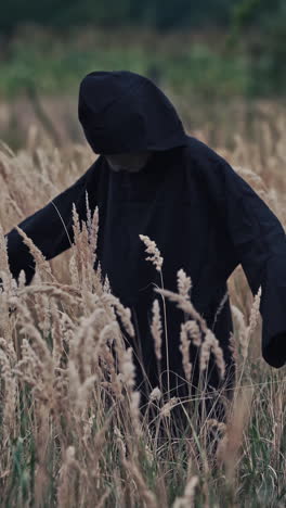 scary evil figure in nature. back view on scary ghost in black robe turning with outstretched arms on wheat field. halloween concept. vertical video