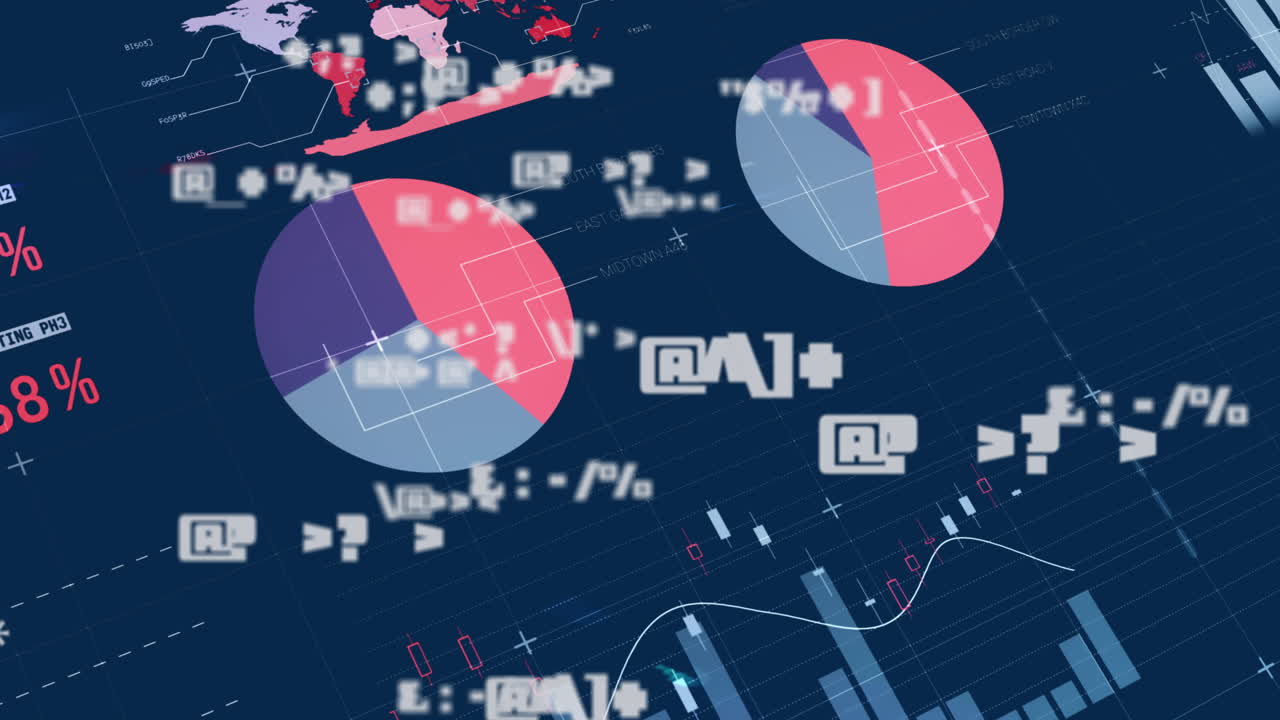 Animation of digital interface with symbols changing, financial data processing and statistics
