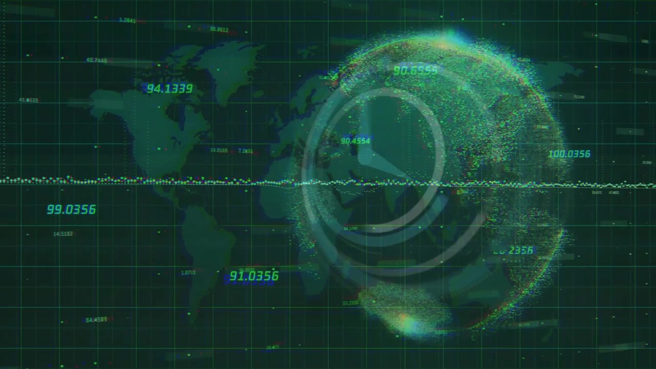 On startup, animated particle globe forming over world map grid, rotating pointer showing data flow