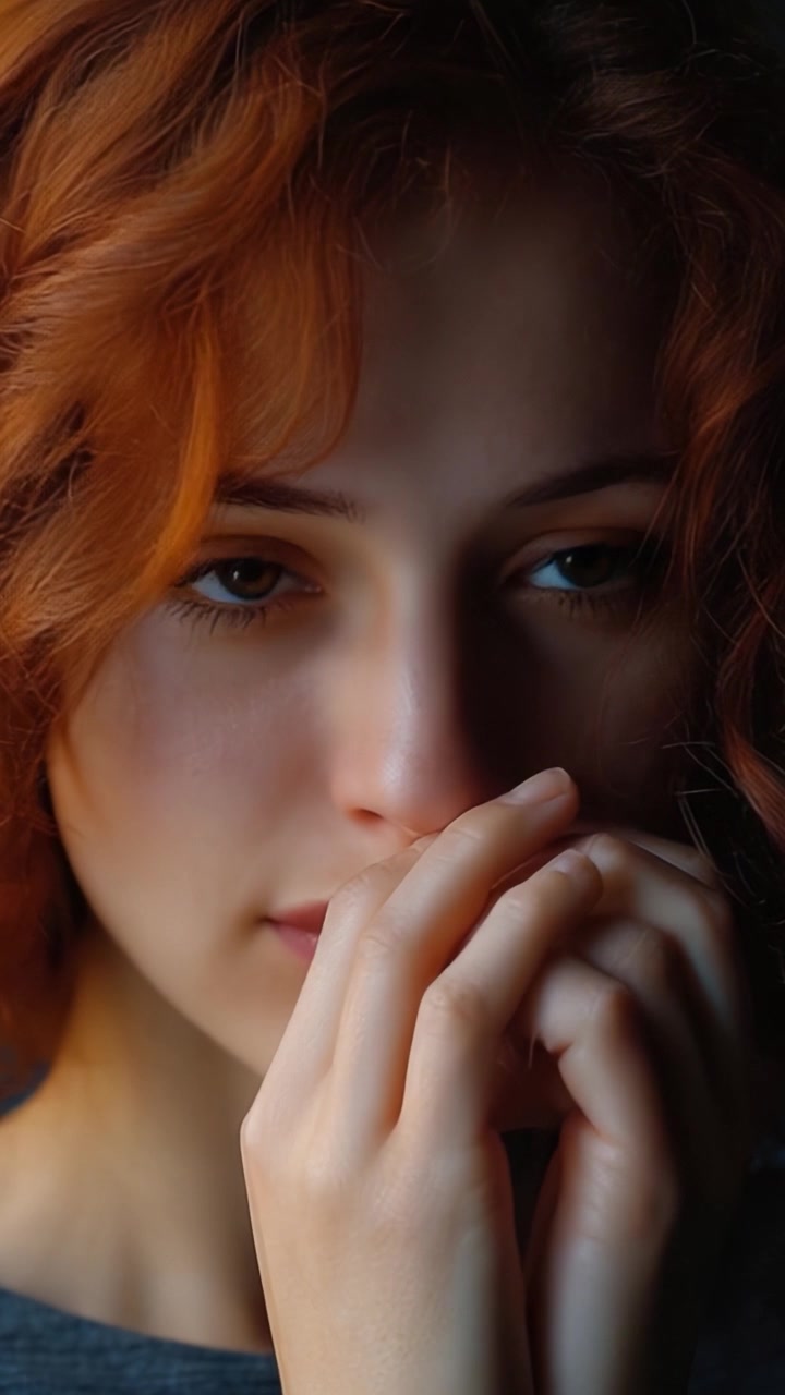 A contemplative young woman with curly hair appears deep in thought, holding her hands to her face, reflecting inner emotions and a moment of introspection.