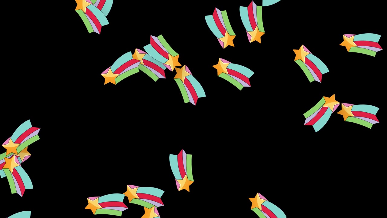 Colorful vintage shooting star graphics fall vertically through a dark void in continuous motion.