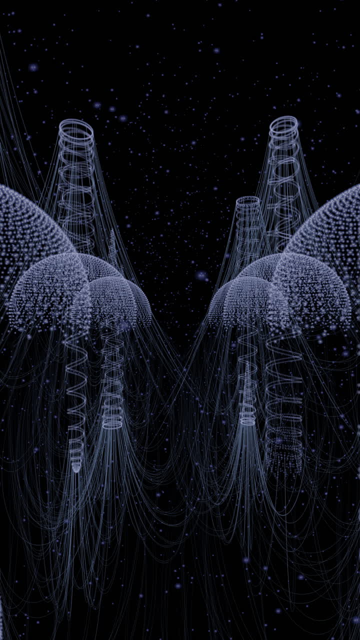 Glowing elements assemble into dynamic structure within dark environment. Futuristic backdrop ideal for AI, computing, and innovation visuals