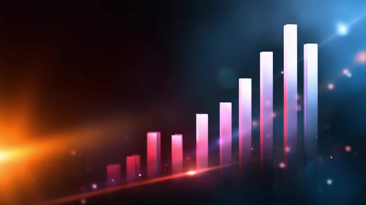 Dynamisk visuel repræsentation af datatrends med gradientbjælker og en funklende baggrund, der fremviser stigende værdier, energi og livlighed.